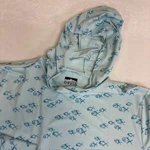 Orvis Mens X Large Long Sleeve Fish Print Hooded Sun Shirt UPF Protection Pocket